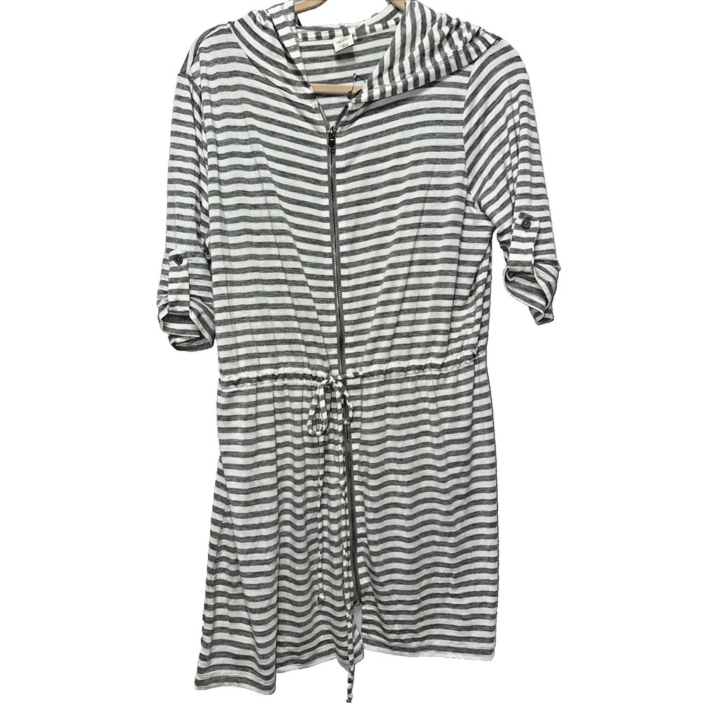 Saint Tropez West Striped Large Hooded Full Zip Beach Cover Up Dress Gray/White